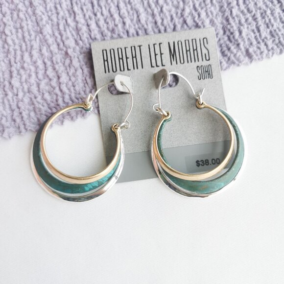 Robert Lee Morris Soho Two Tone Green Enamel Crescent Hoop Earrings Modern Chic - Picture 1 of 3